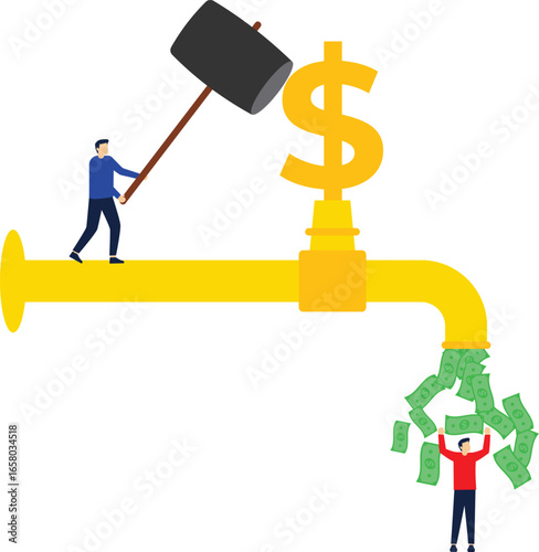 Hand holding a hammer  to break open faucet, cut off source of money and business, stock illustration



