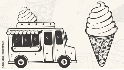 Illustration of an ice cream truck with a cone on top and a separate ice cream cone drawing next to it