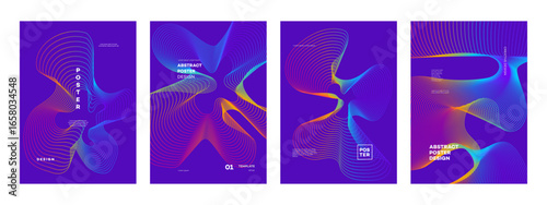 Four modern abstract poster designs featuring dynamic wavy lines with vibrant gradient colors on a deep purple background, perfect for contemporary graphic art.