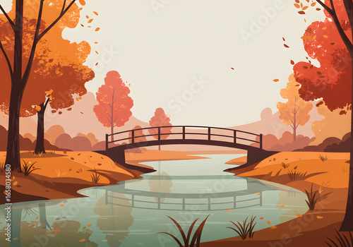 Arched bridge in autumn landscape illustration vector art