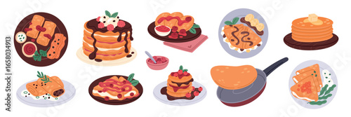 Tasty pancakes. Hot morning food, sweet and salty toppings, caramel syrup, honey and chocolate, different filling, pan fried breakfast on plate and pan, cartoon isolated garish vector set