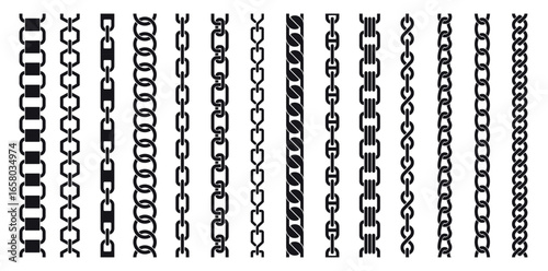Silhouette chains. Different weaving black seamless borders, decorative jewelry for pendants, recurring metal segments, Elegant precious black necklaces nowaday vector isolated flat set