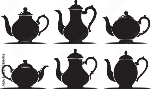 Set of tea kettle and teapot vector illustration silhouettes on white background. Tea kettle and coffee cups icon set