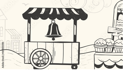 Illustration of a bell hanging from a market cart with cupcakes and buildings in the background scene