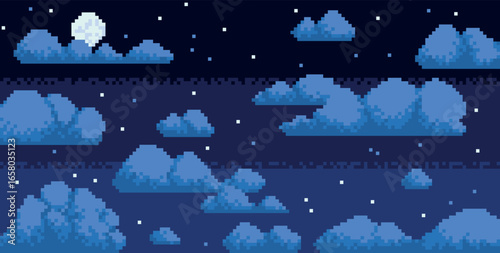 Pixel night sky. Evening heaven background landscape, cumulus 8 bit clouds, retro video game panorama with full moon, arcade backdrop, horizontal banner qualitative vector graphic concept