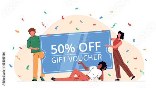 People with big gift card. Friends group with large voucher, discount and sale banner, happy characters with coupon, ad certificate cartoon flat style isolated nowaday vector concept
