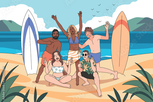 People posing beach. Happy friends group having fun, men and women with sups at sea, surfing on shore, summer vacation on ocean tropical resort, cartoon flat style tidy vector concept