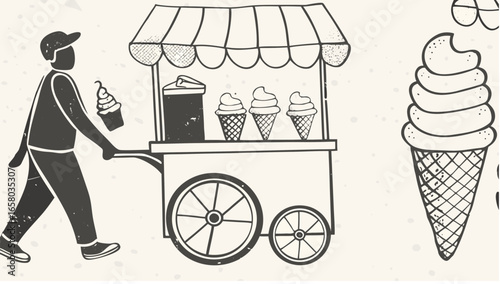 A person pulling an ice cream cart with cones and a large cone on the side in a black and white drawing
