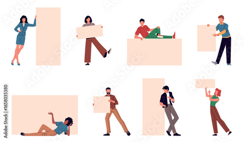 Happy people with advertising place posters. Characters in casual clothes hold blank banners, different sizes and shapes, men and women with placard, cartoon isolated nowaday vector set