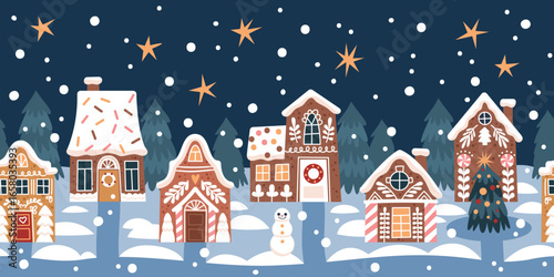 Gingerbread houses street. Cute christmas landscape with funny sweet glazed cookies, new year night city, home biscuits, xmas background cartoon flat style isolated tidy vector concept