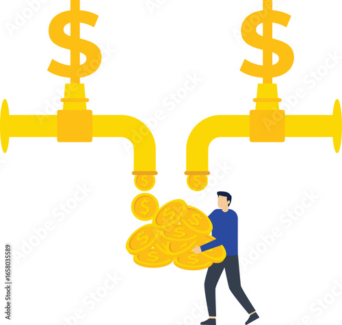 Three taps pour tap water into buckets, This is a set of business illustrations

