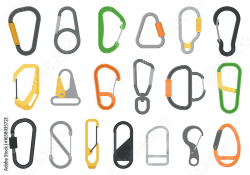 Carabiner clasps. Metal shackles, clips, bouldering accessories, climbing safety elements, mountaineering equipment, extreme sport protection metal connector qualitative vector isolated set