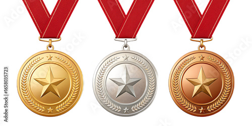 Three Awards Medals Emblems with Star Symbol in Gold Silver and Bronze for First Second and Third Place on Black Background