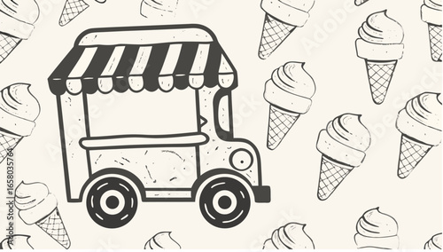 Illustration of an ice cream truck with striped awning surrounded by ice cream cones on a light background