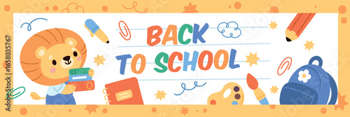 Back to school banner. Funny little lion student with books stack, educational supplies, school year beginning poster, pen pencil and paint tools garish vector cartoon isolated concept