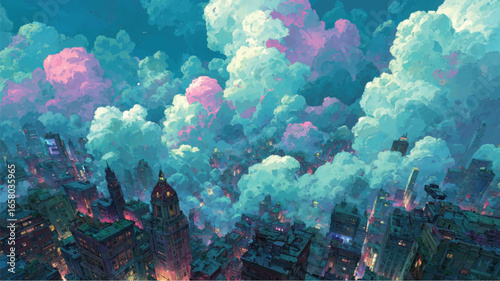 Colorful vector-style night city illustration with dramatic clouds and glowing lights, styled in a graphic novel or fantasy art direction.