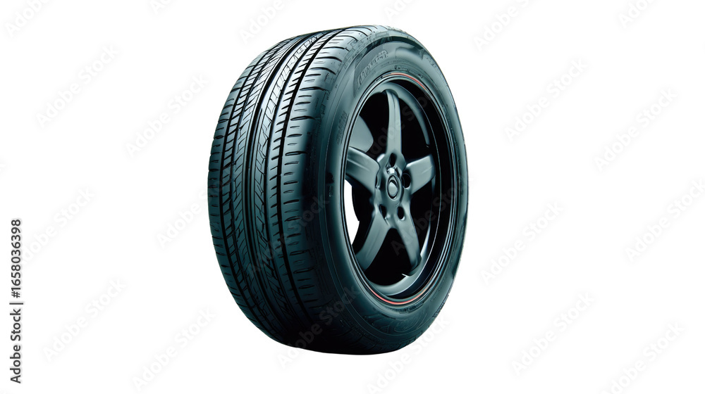 Black Performance Tire on Alloy Wheel Displayed on White Background for Automotive Design Projects and Marketing Black Performance Tire on Alloy Wheel Displayed on White Background for Automotive Design Projects and Marketing