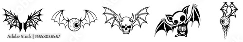 Set of demonic winged creatures with skulls, eyeballs and bat wings, creepy gothic monsters of darkness, haunted horror hybrids from nightmare and death