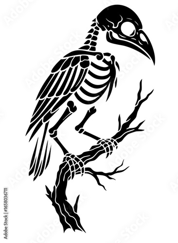 Imaginary skeletal bird perched on dead branch, creepy gothic creature of death and darkness, haunted fantasy monster as sinister horror omen