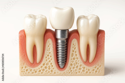 High-detail vector illustration of dental implant with gum, bone and titanium screw, ideal for medical, dental or anatomical educational use.