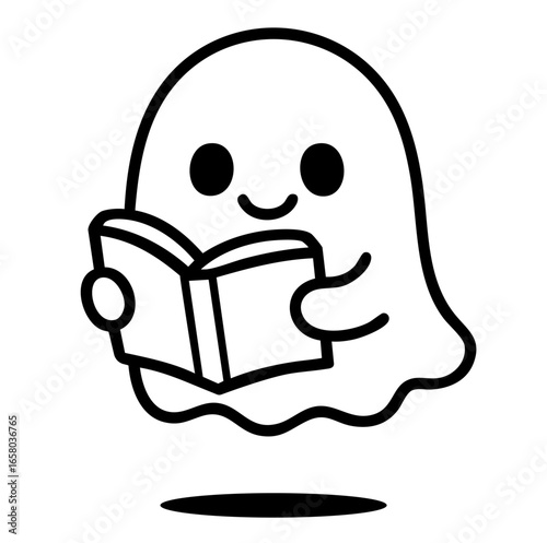 Cute smiling ghost happily reading a book, adorable friendly spirit holding open storybook, cheerful happy phantom studying and enjoying literature