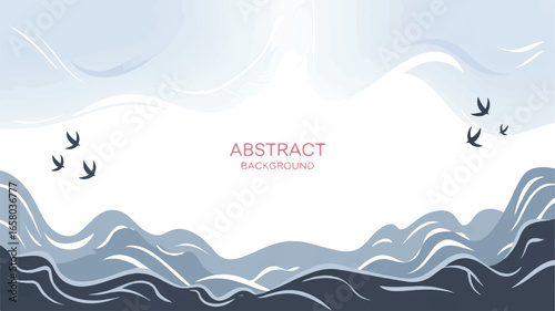 Elegant flowing abstract waves creating a serene oriental landscape, a minimalist digital illustration with subtle birds
