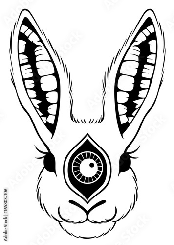 Seer Hare Third Eye Rabbit — prophetic creature with a forehead eye opening portals to broken dimensions, ears like twin mouths full of teeth receiving signals from other realities, oracle of paradoxe