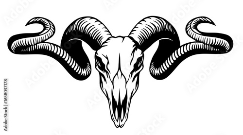 Horned Skull of Darkness ram head with twisted serpent horns occult sacrificial symbol vessel of ancient spirits whispering bones promising power for soul in legends