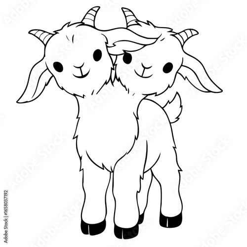 Two headed goat mutant, creepy cute chimera creature with double heads, surreal cartoon monster mixing innocence and horror, bizarre fantasy animal 