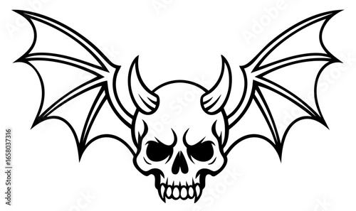Demonic skull with horns and bat wings, terrifying gothic symbol of darkness and death, haunted infernal creature of horror, occult emblem of evil power and nightmare fear