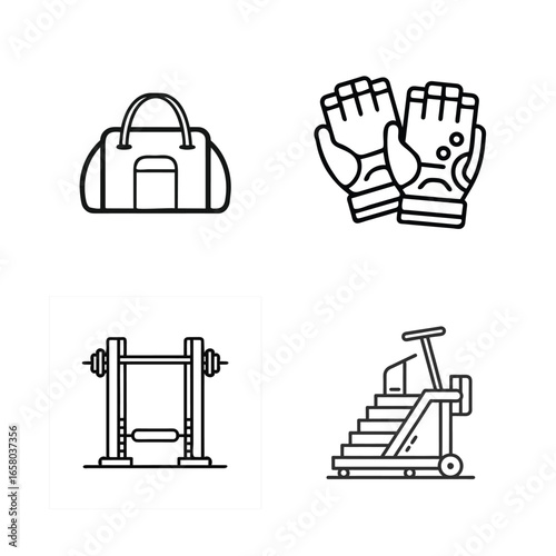 Gym and Strength Training Outline Vector Icon Set - Vector Outline of Squat Rack, Stair Climber, Gloves, and Gym Bag.