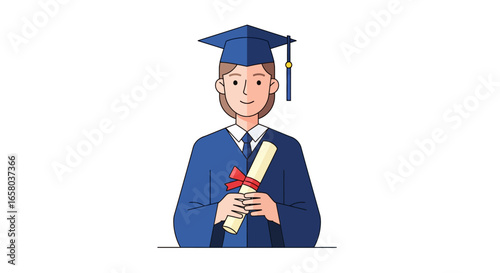 Smiling graduate in academic dress holding a scroll. Concept of higher education, convocation, and achieving a milestone.