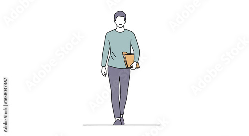 A man in casual attire walking confidently while holding a folder, representing a focused individual on a professional journey
