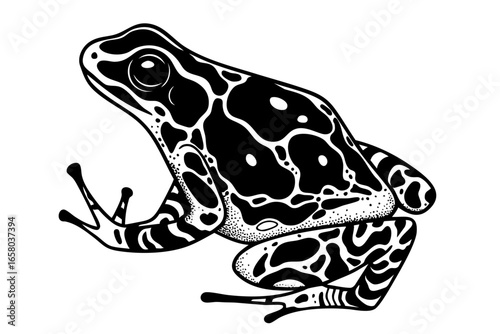 Poison dart frog Dendrobatidae family, tropical amphibian with black and white patterned skin, toxic tree frog used by indigenous tribes for arrow poison, warning coloration artwork