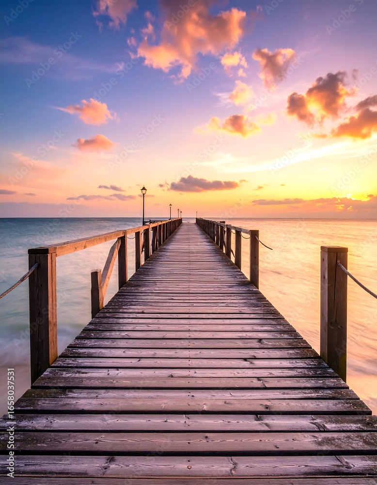 Naklejka premium Wooden pier at sunset over calm ocean