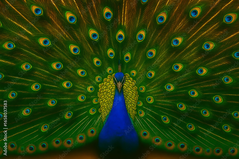 Obraz premium Portrait of beautiful peacock with feathers out