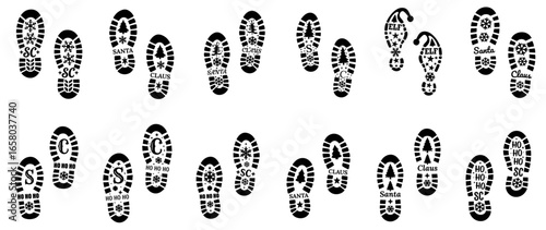 Otherworldly Santa Claus footprints bringing gifts and Grinch tracks stealing presents — mysterious winter boot prints, magical walking spell marks