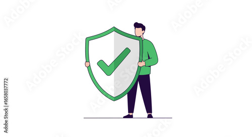 Man Holding a Shield with a Check Mark, Symbolizing Security and Protection