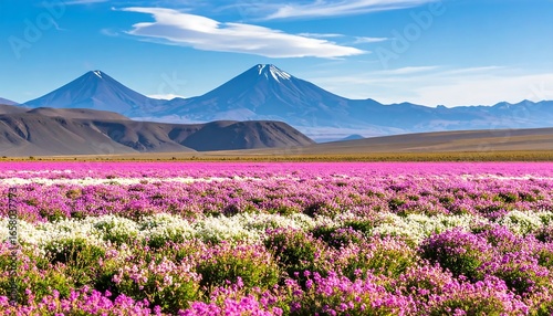 Vibrant Desert Bloom - Pink and White Flowers Blanket Atacama Landscape with Snow-Capped Volcanoes.