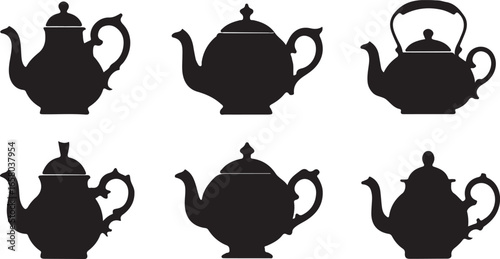 Set of tea kettle and teapot vector illustration silhouettes on white background. Tea kettle and coffee cups icon set