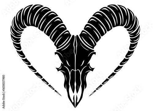 Black Aberration Heart — dark ram skull with curved horns sharp as lightning, each twist holding curses, symbol of souls sold for power yet doomed to eternal loneliness