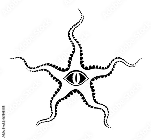 Ancient five-pointed creature with hypnotic tentacles moving like forgotten language symbols and a single ominous eye reflecting fear instead of reflection