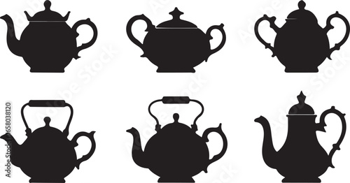 Set of tea kettle and teapot vector illustration silhouettes on white background. Tea kettle and coffee cups icon set
