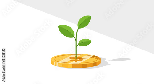 Financial Growth Concept Seedling Sprouting from a Golden Coin, Symbolizing Investment and Prosperity