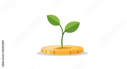 Growth of a Green Plant Sprout Emerging from a Gold Coin Investing and Financial Concepts