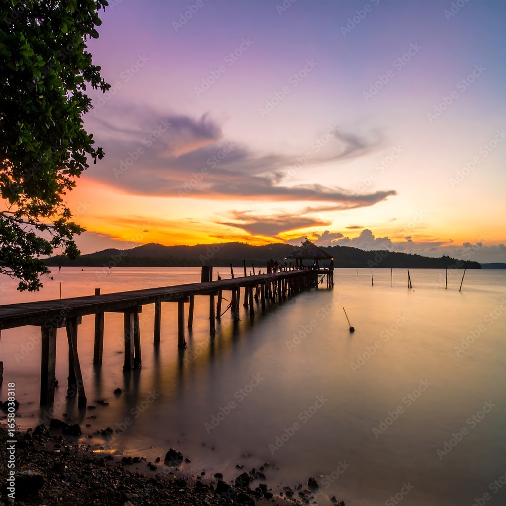 Fototapeta premium Wooden pier at sunset over calm water (1)