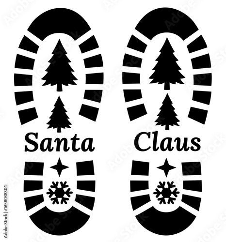 Santa Claus footprints with Christmas trees, stars, snowflakes and text Santa Claus —  kids treasure hunt