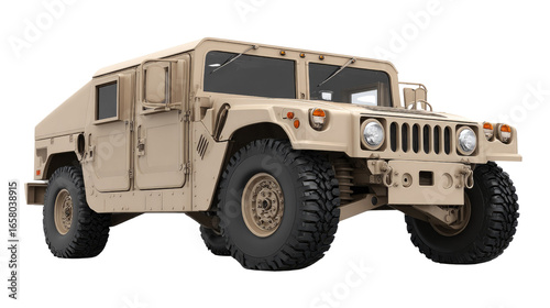 Military Utility Vehicle in Desert Tan Color, Off-Road Capability, Modern Design, Front View of Humvee