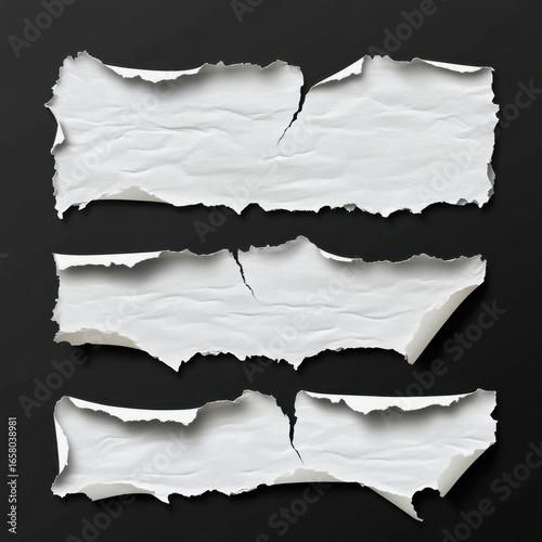 Torn white paper strips on a black background for creative design