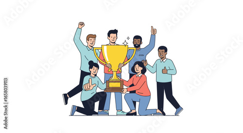 Happy diverse group of people celebrating success and achievement with a large gold cup. Teamwork and victory concept.